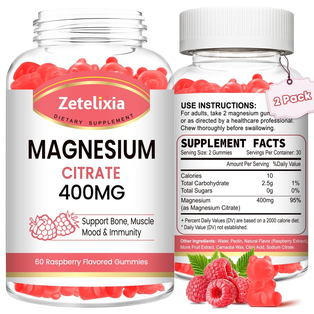 2 Pack Magnesium Citrate Gummies 400MG, hohe Absorption Magnesium Gummi für Erwachsene, Muskel- und Zähneunterstützung, Vegan 120 Cts