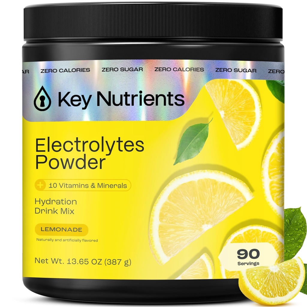 KEY NUTRIENTS Multivitamin Elektrolyte Pulver Kein Zucker - Refreshing Lemonade Elektrolyt Pulver - Natrium & Energie-Ergänzung - Hydration Pulver - Keine Kalorien - 90 Servierungen - Made in USA