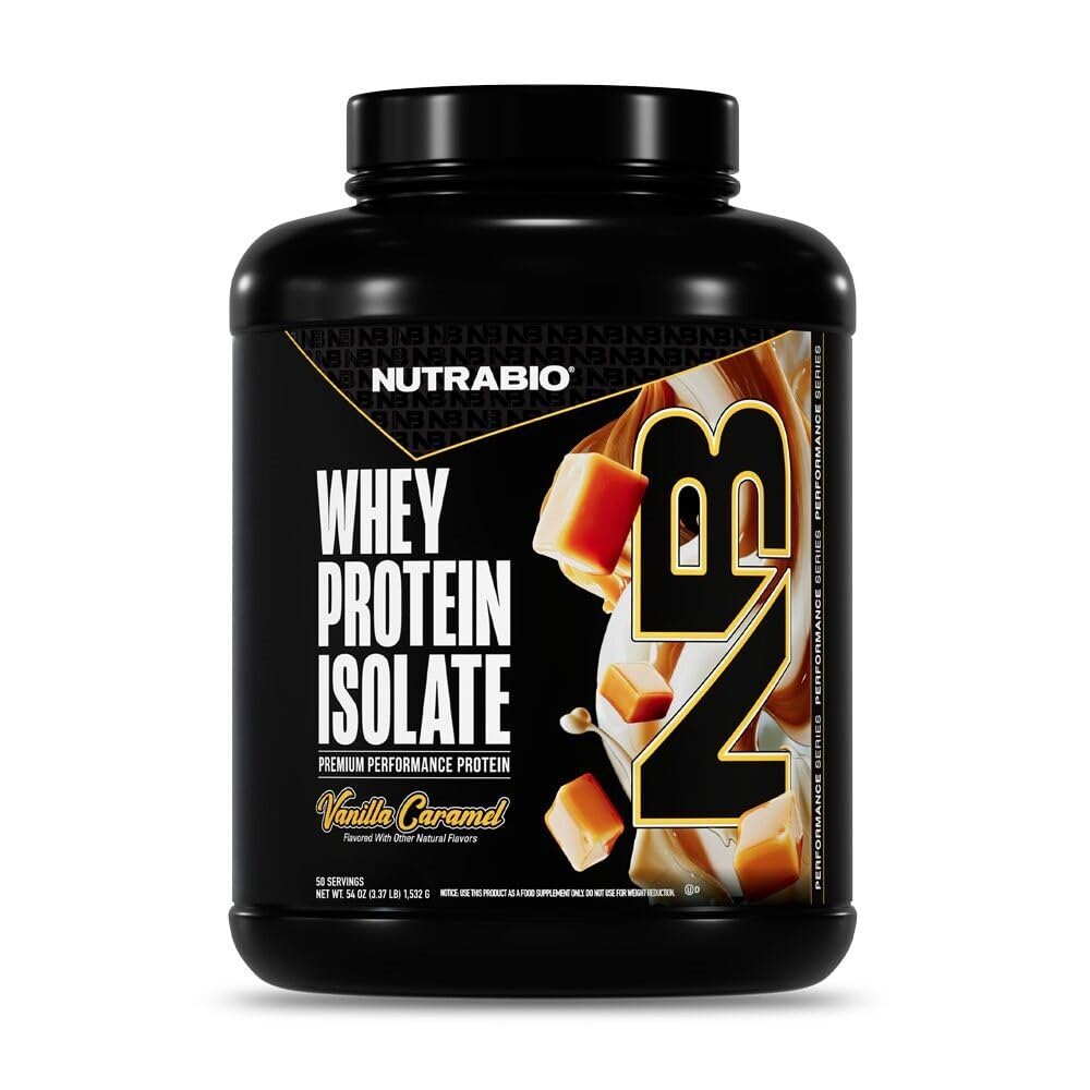 NutraBio 100% Whey Protéines Isolées Poudre, 25g Protéines avec profil complet d'acide aminé, sans OGM, sans soja et sans gluten, faible teneur en glucides, faible teneur en calories en protéines, caramel de vanille, 5 Lb