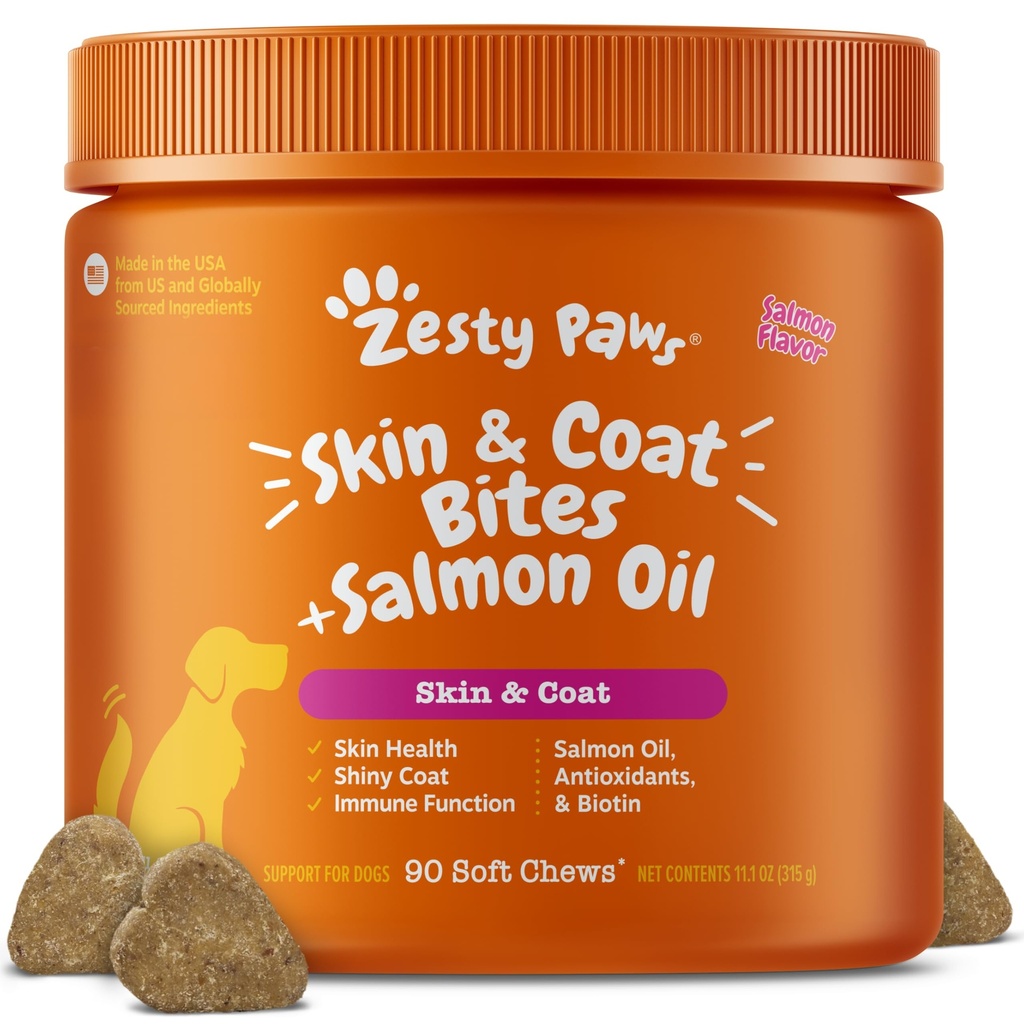 Zesty Paws Salmon Oil for Dogs Peau and Coat, Omega 3 Fish Oil Chews, Dog Allergy Relief Chews, Démangeaison Supplément, 90 Comte, Saveur de saumon