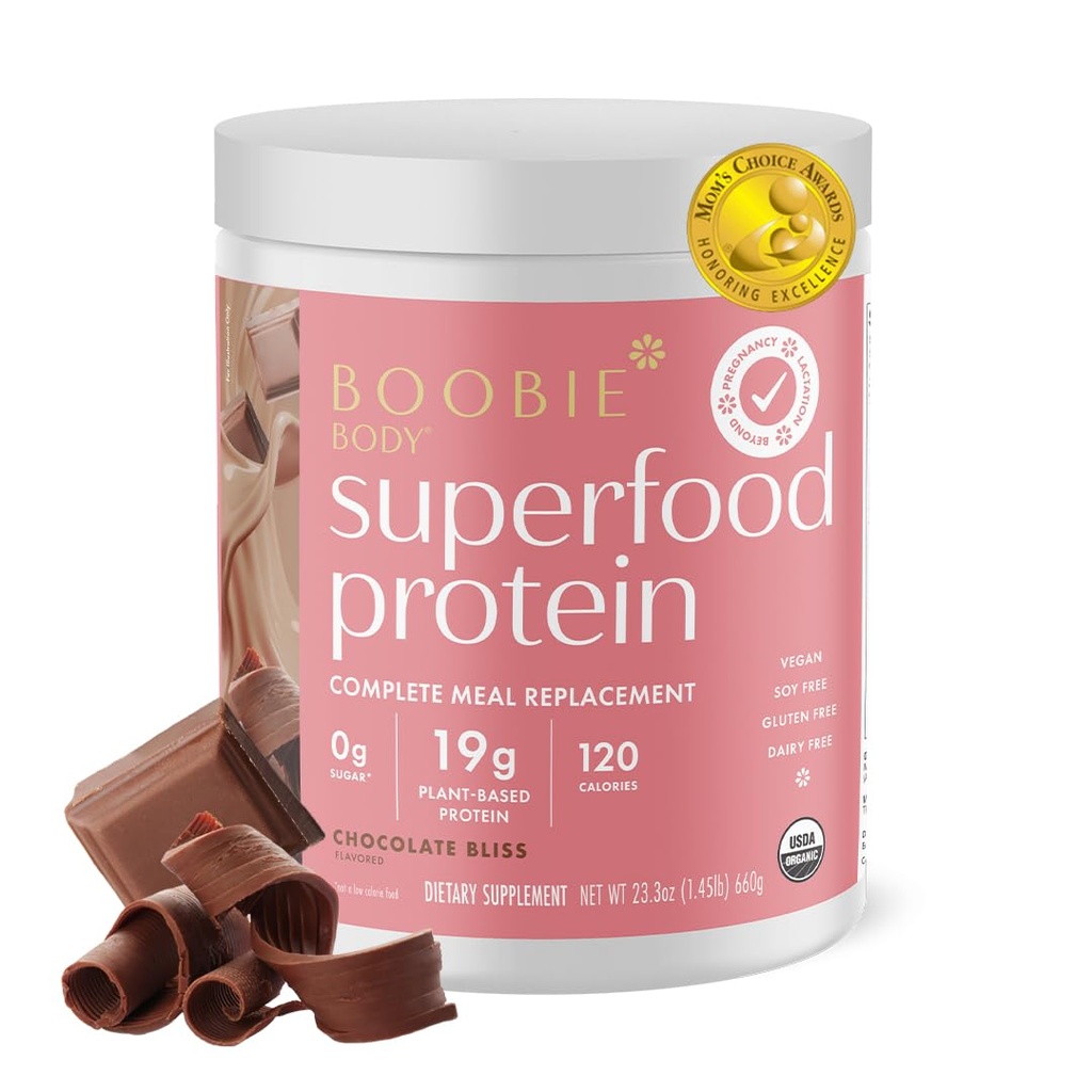 Boobie Body Superfood Protein Schwangerschaft und Postpartum Meal Ersatz Shake, Schokolade Bliss Flavor | 19g Protein | Sicher für Lactation & Mutterschaft | Organic, Vegan, Zero Sugar, 1 Tub (20 Servierungen)