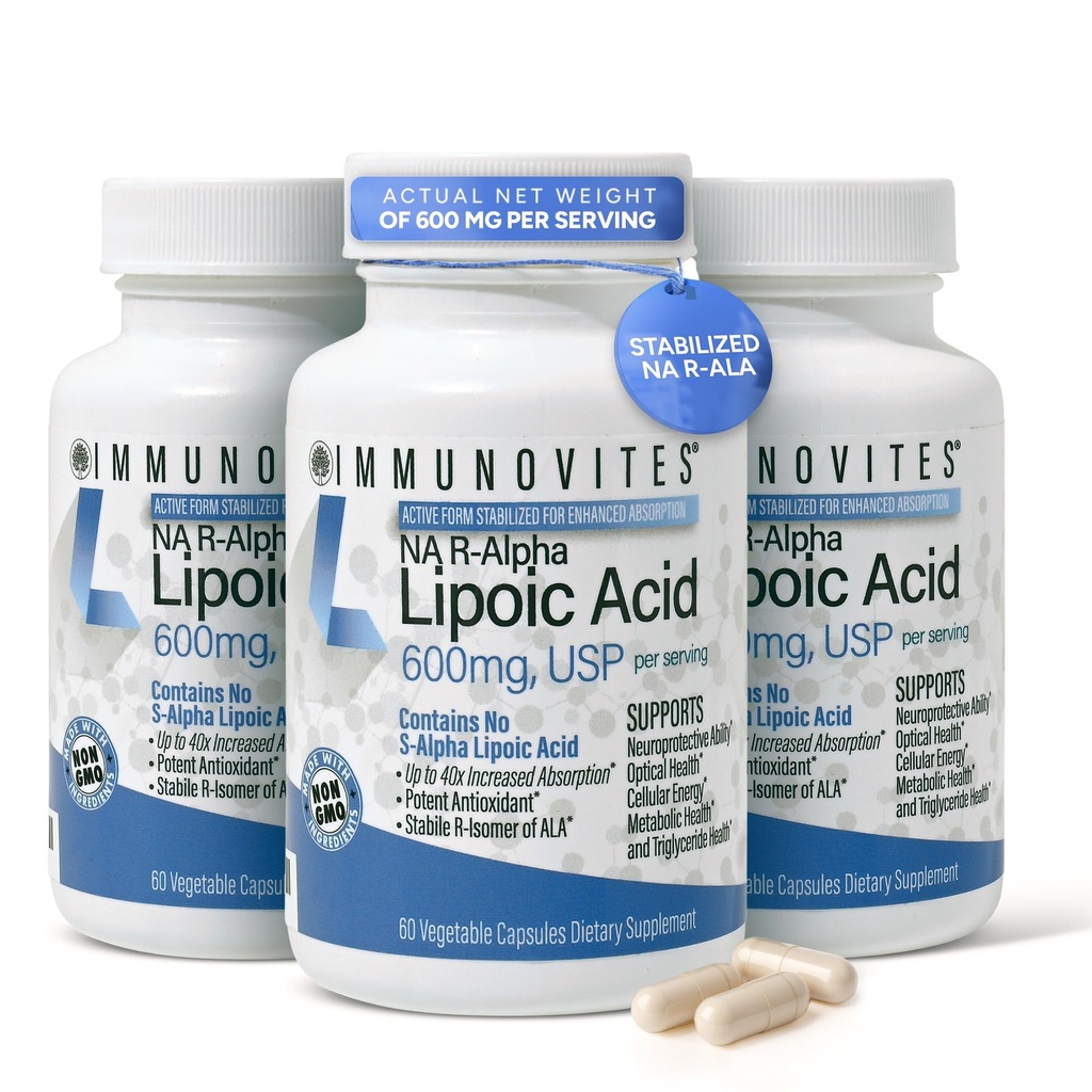 IMMUNOVITES 3-Pack Stabilisierte R-Alpha-Liposäure ((True))) 600mg pro Portion [[Hochpotenz und bis zu 40x Erhöhte Absorption]]] (Na R-ALA) (Na R-LA) (Na R-Lipoate) (3 Flaschen)