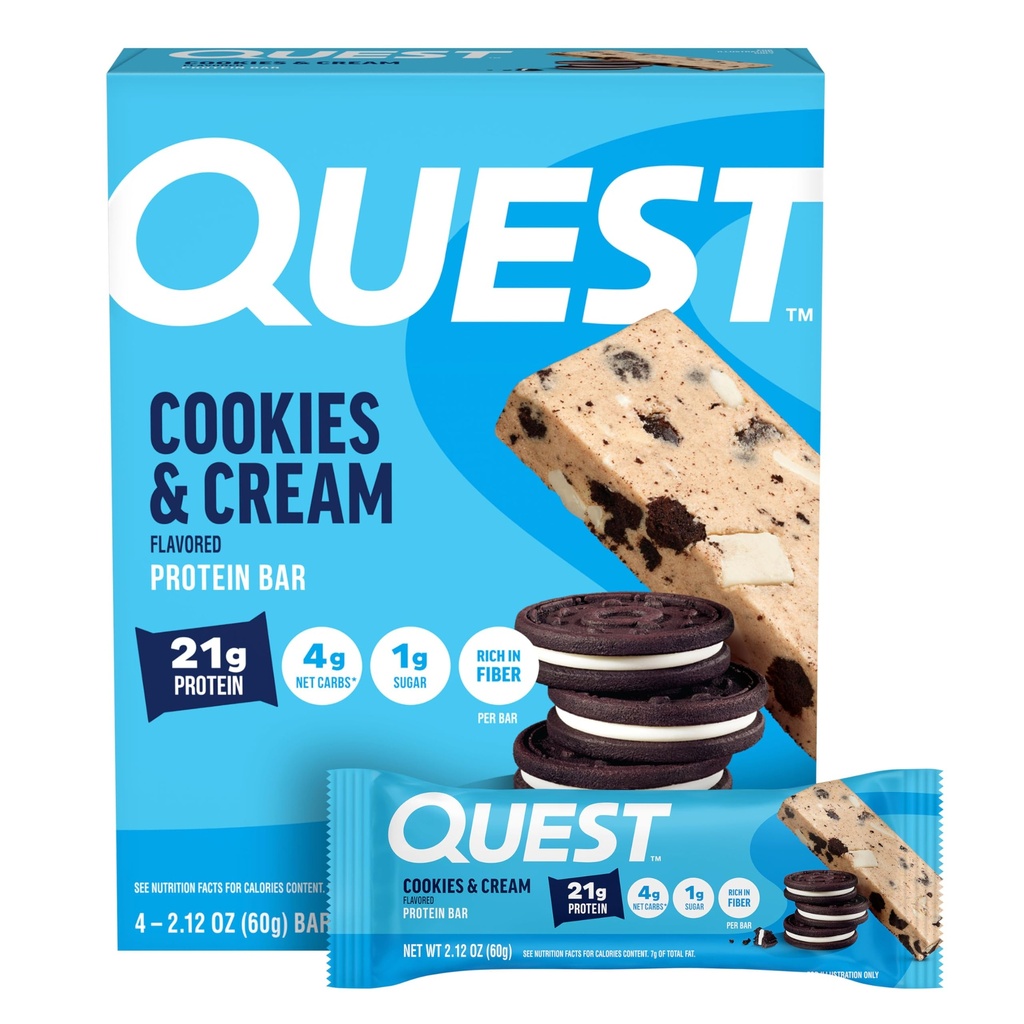 Quest Nutrition Cookies & Crème Protein Bars, 21g Protéines, 4g de glucides nets, 1g de sucre, sans gluten, Keto Friendly, 4 Compte