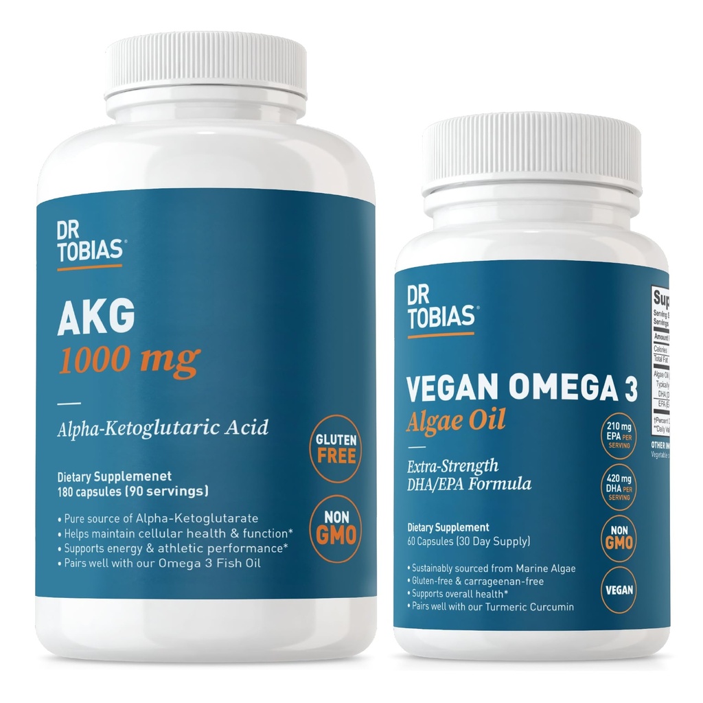 Dr Tobias AKG Supplément et Omega végétalien 3 Huile d'algues, soutien énergie cellulaire et santé globale avec AKG, EPA et DHA, végétalien, sans gluten, non-OGM
