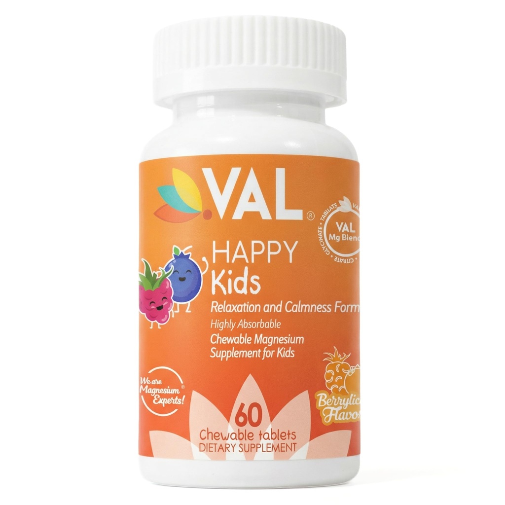 VAL Magnesium für Kinder | High-Absorption Magnesium für Kalorien, Entspannung & Fokus | Mg Glycinate, Citrate & Taurate | mit Vitamin B6, D & C | Zuckerfrei, Non-GMO | 60 Chewable Tablets