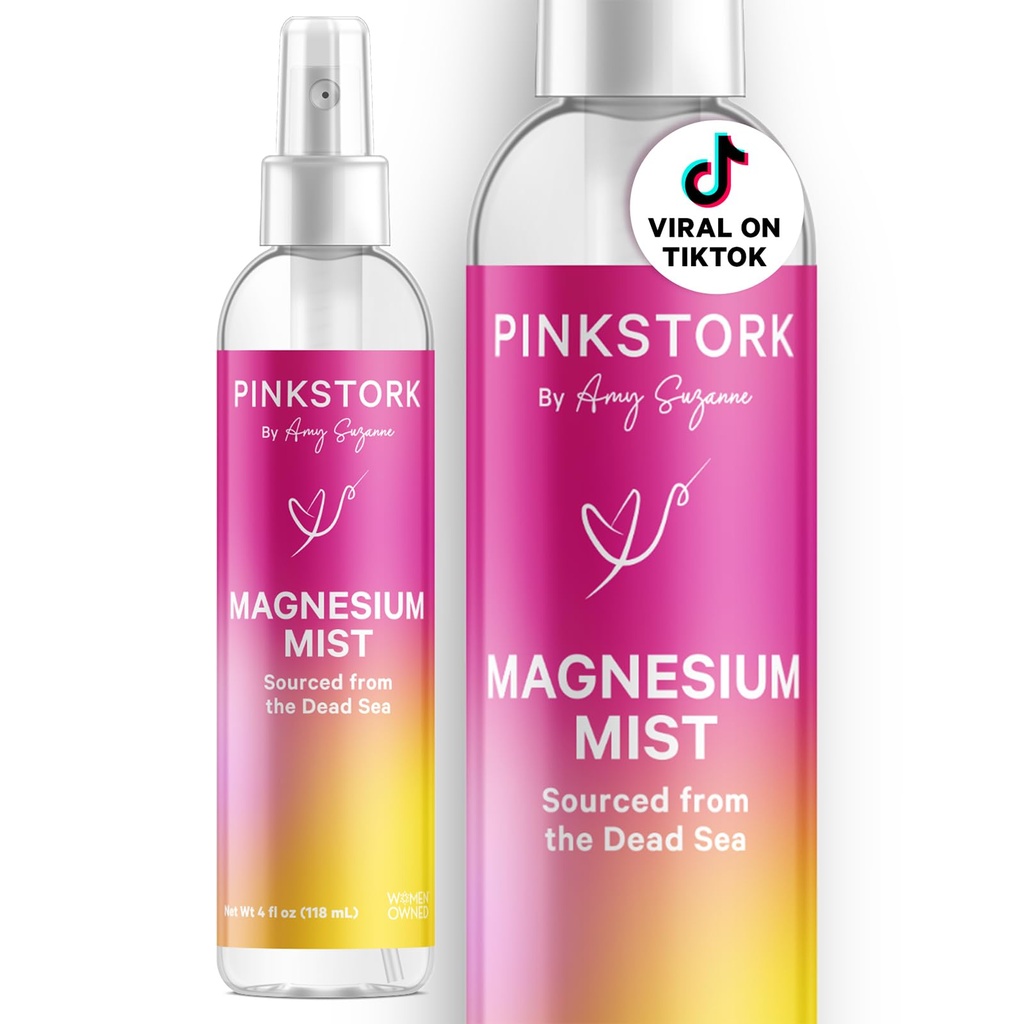 Pink Stork Magnesium Spray Mist - für Ruhe, Stress und Schlaf, Seasickness Unterstützung, Schwangerschaft Must Haves, 200 mg pro 6 Sprays, Pure Magnesium Chloride Body Spray, 4 Unzen, Unscented