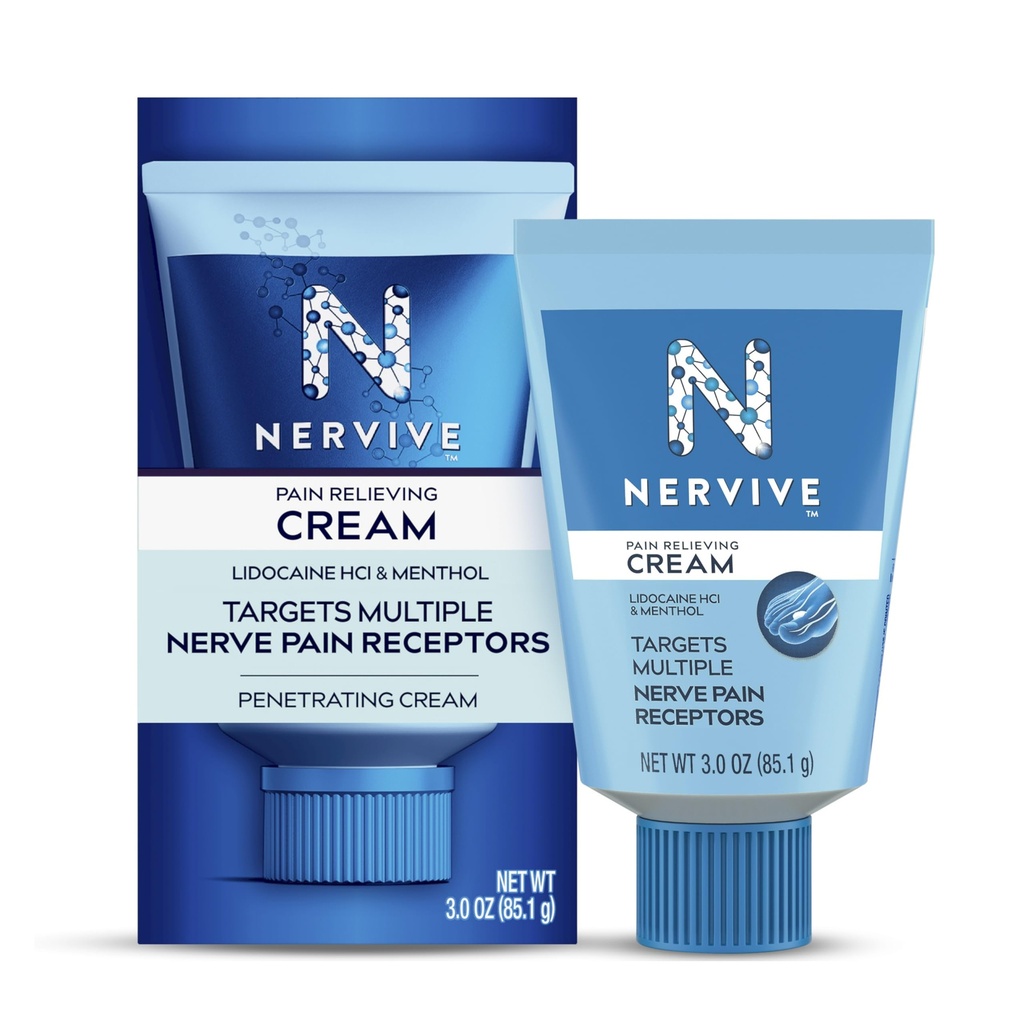 Nervive Schmerzlinderungscreme, Max Strength Non-Greasy-Themen Schmerzlinderung mit Lidocaine und Menthol für Zehen, Füße, Finger, Hände, Beine & Arme, 3.0oz