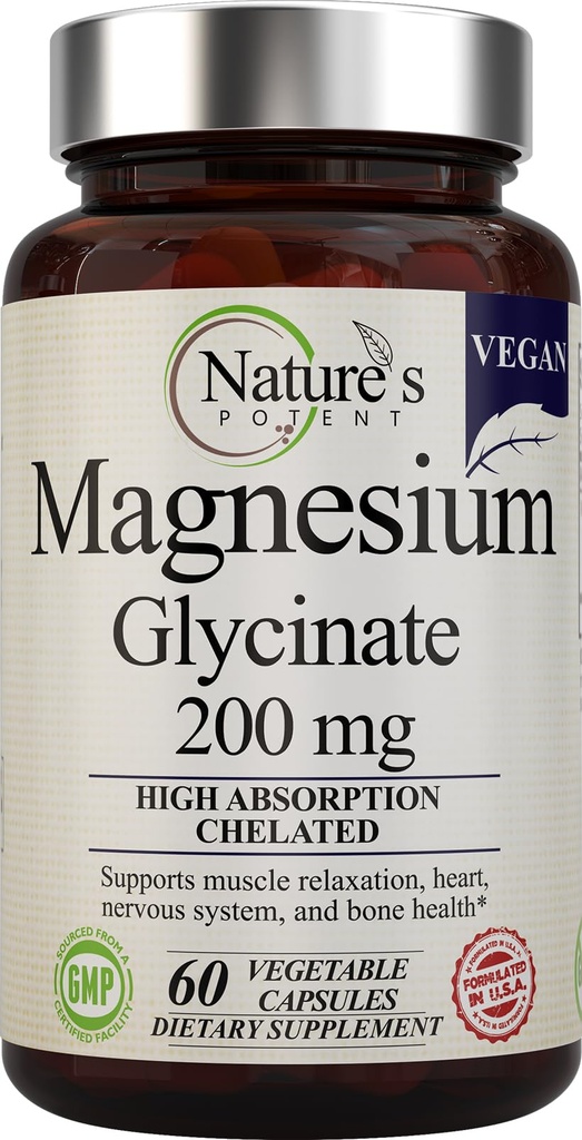 Nature=S Potent Magnésium Glycinat 200mg=Assorption élevée Magnésium chélaté=Sommeil, calme et soutien des crampes musculaires=A complément végétalien=60 Capsules
