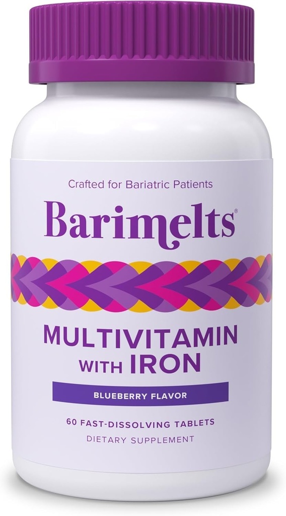 BariMelts Multivitamine bariatrique avec fer - 1 mois d'approvisionnement (60 comprimés à dissolution rapide) - Sans sucre - Vitamines bariatriques post-opératoires - Saveur naturelle de bleuets