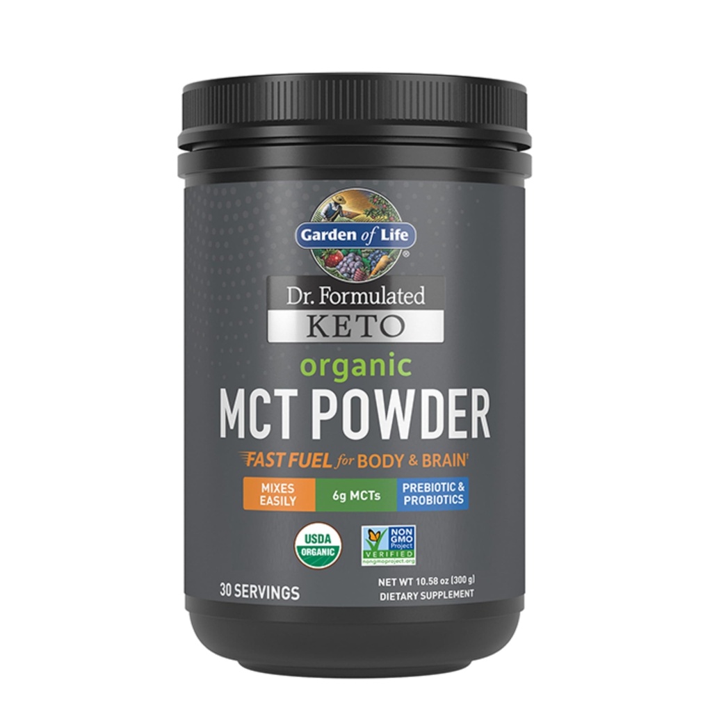 Jardin de la vie Dr. Formulé Keto bio en poudre MCT - 30 portions, 6g MCT de noix de coco Plus prébiotique fibre et probiotiques, certifié biologique, non-OGM, végétalien, sans gluten
