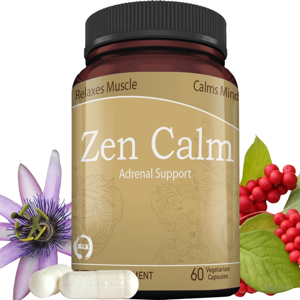 Zen Calm Stress Adrenal Support Supplement Organic Adaptogenic Kräuter - Magnesium, B Vitamine, GABA & Mehr, um eine natürliche Beruhigung zu unterstützen. Nicht grausam. Nicht-GMO (60 Veggie Caps)