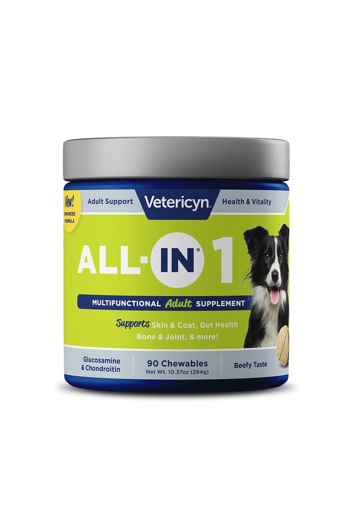 Vetericyn All-in 1 multifunktionale Hundeergänzung | Verdauungsenzyme + Glucosamin und Chondroitin für Knochen und Gelenkunterstützung + Vitamine, Antioxidantien, Präbiotika, Probiotika und Omegas. Anzahl