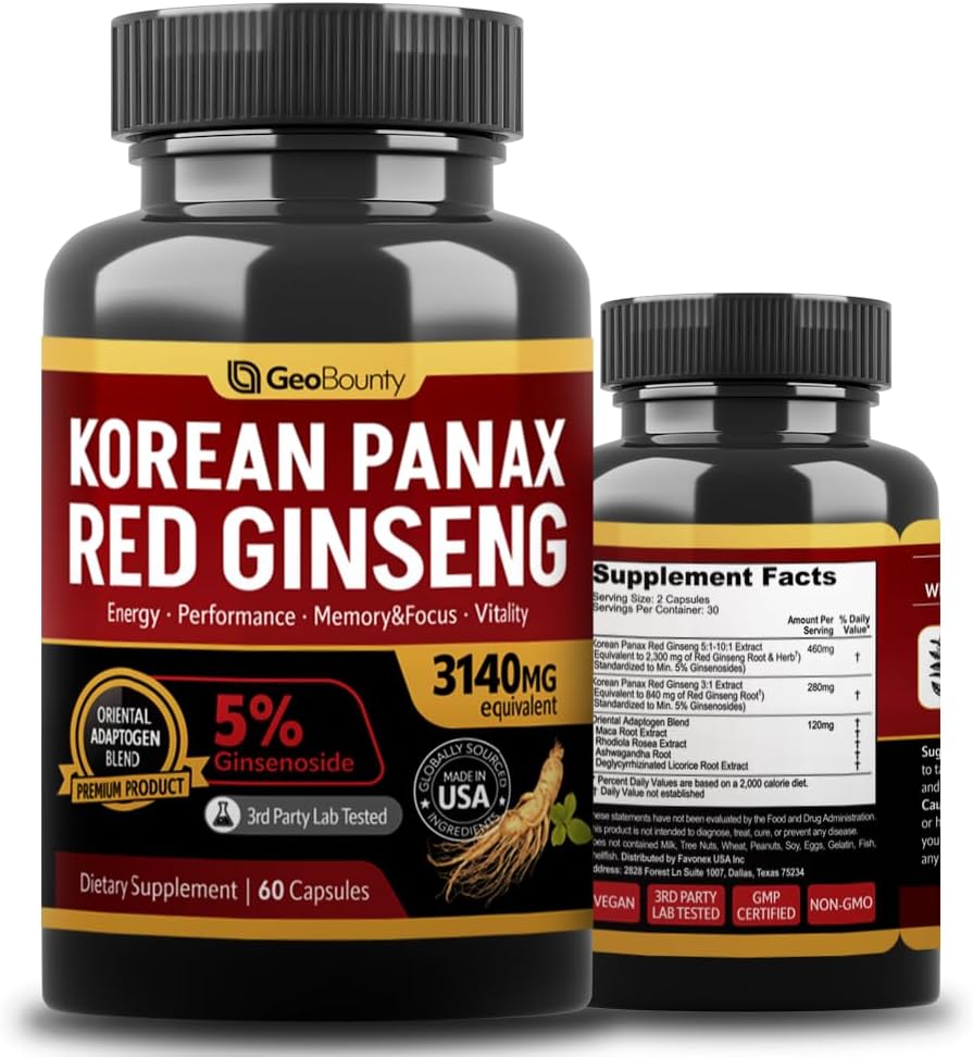 Ginseng Rouge Panax Coréen, Suppléments Ginseng Rouge Premium 3140mg (Ginsenoside 5%) Ginseng Rouge Coréen Intensif 60 Capsules (Maca Root) Fabriqué aux États-Unis
