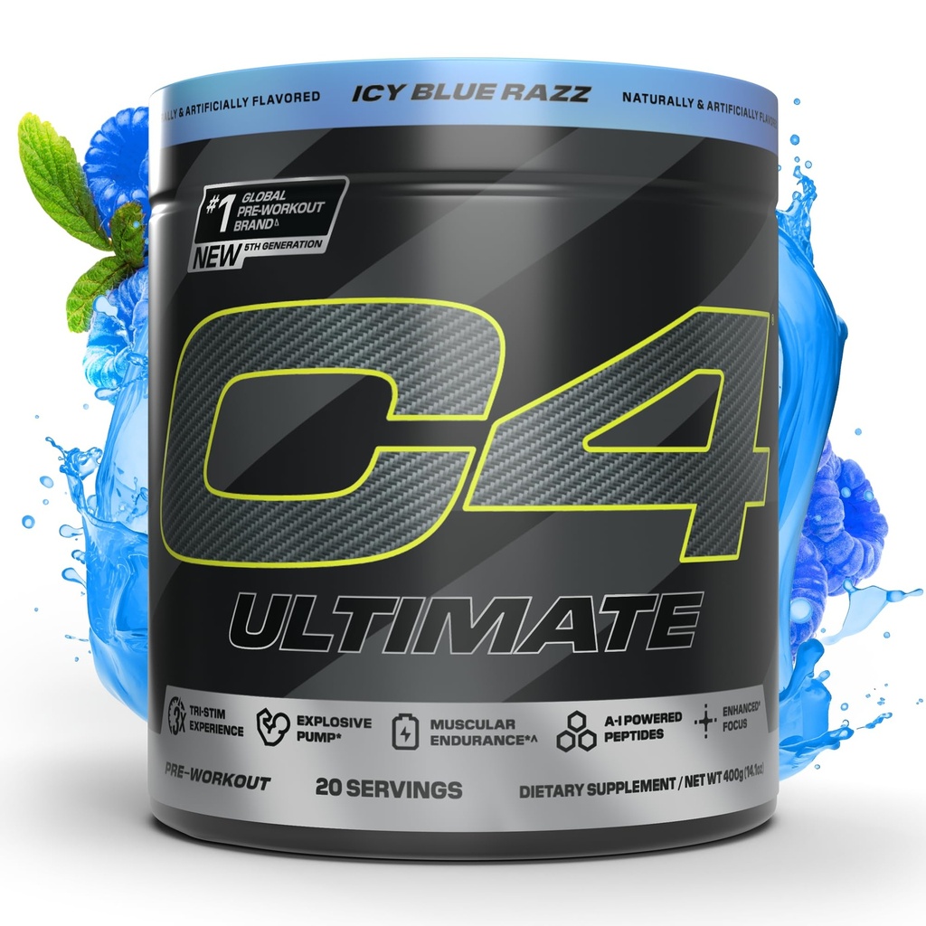Cellucor C4 Ultimate Pre Workout Powder - Sugar Free Preworkout Energy Supplement für Männer und Frauen - 300mg Koffein + TeaCrine + Dynamine + Kreatin - ICY Blue Razz, 20 Portionen