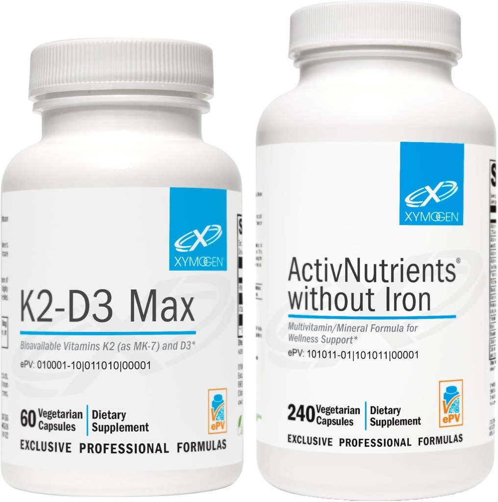 XYMOGEN ActivNutrients Ohne Eisen (240 Kapseln) + K2-D3 Max (60 Kapseln) - Multivitamin für Energie und Stimmung Unterstützung mit Vitamin D 5000 IU Kapseln + Vitamin K2