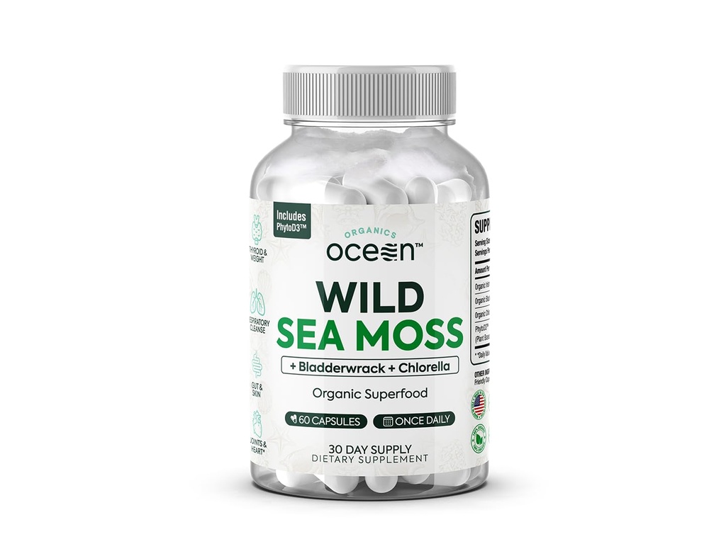 Organics Ocean Wild Sea Moss Capsules - 100% Bio Irish Sea Moss with Organic Chlorella, Bladderwrack and Vitamine D for Energy, Lung Health and Thyroïde Support for Women and Men - 60 Capsules