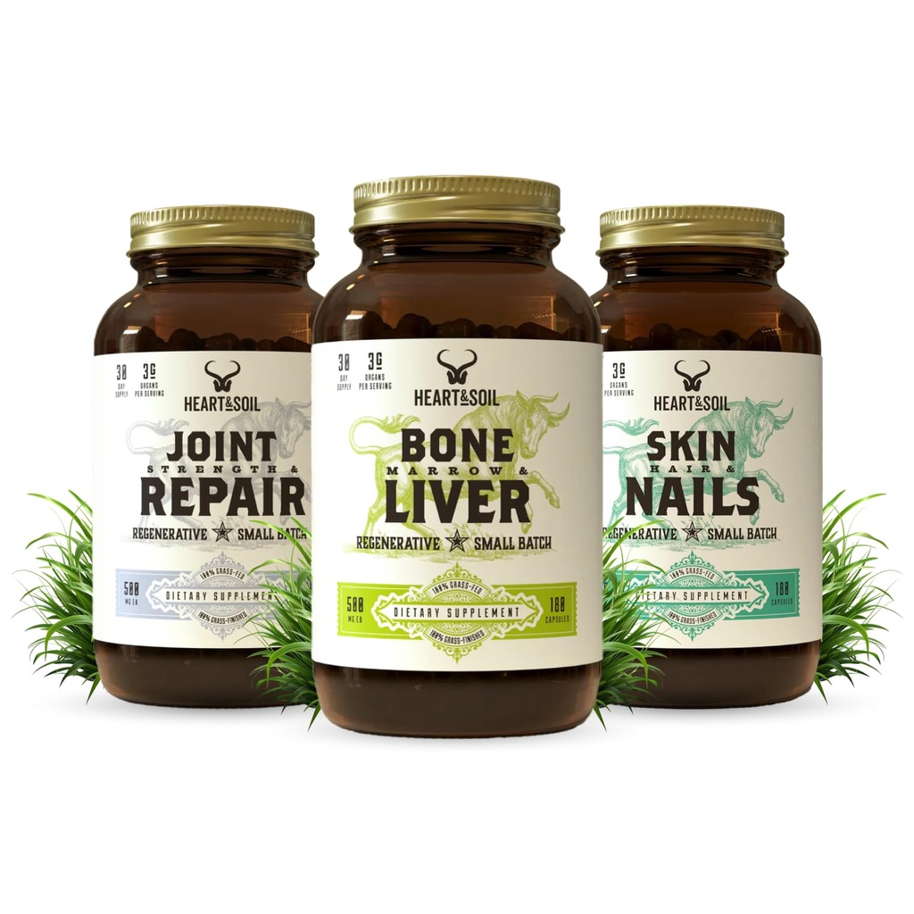 HEART & SOIL Joint & Mobility Stack – 3 éléments: Broie osseuse et foie, résistance et réparation articulaire, peau, cheveux et ongles pour le bien-être complet, soutien collagène, flexibilité et récupération