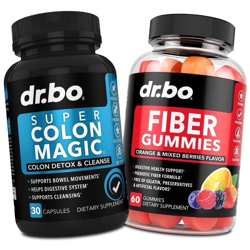 DR. BO Fibre Gommies & Colon Cleanse Suppléments - Supplément de fibre prébiotique Gummy - Super Colon Magic Bowel Movement Support pour le nettoyage Gut & Stomach
