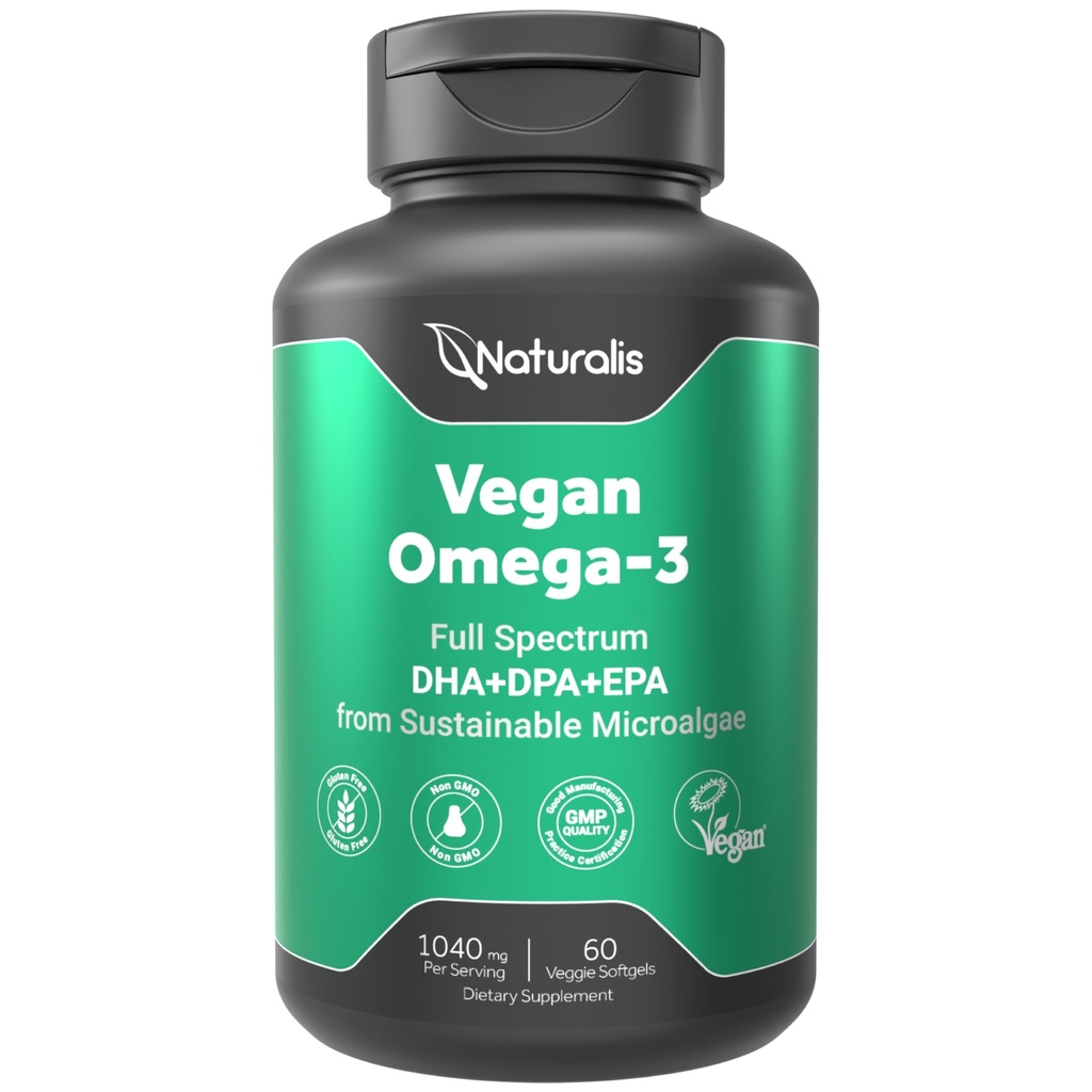 Naturalis Vegan Omega 3 DHA, EPA & DPA von Algae | Vegan Society Certified, Sustainable Sourced, True Full Spectrum | 60 Veggie Softgels (Carrageenan Free)