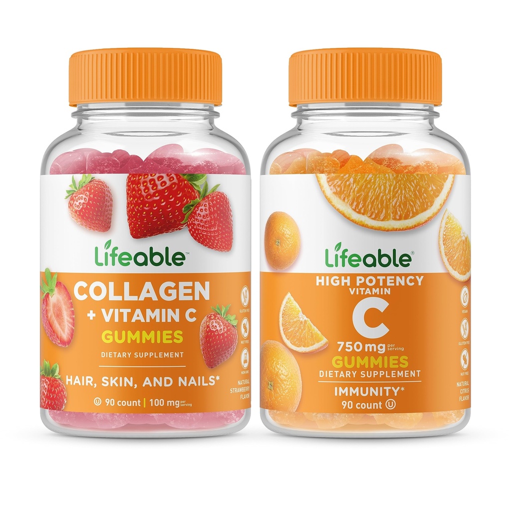 Collagène et vitamine C à vie + Vitamine C 750mg, Gummies - Grande dégustation, supplément de vitamine, sans gluten, sans OGM, gummy à croquer