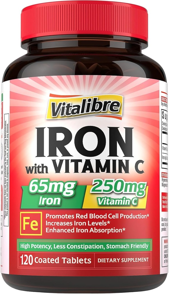 Eisen-Ergänzung 65mg mit Vitamin C, Stomach Friendly Carbonyl Iron, High Potency & Absorption, für gesünde Eisen- und Energiestufen, unterstützt die Produktion von roten Blutkörperchen, 120 Tabletten