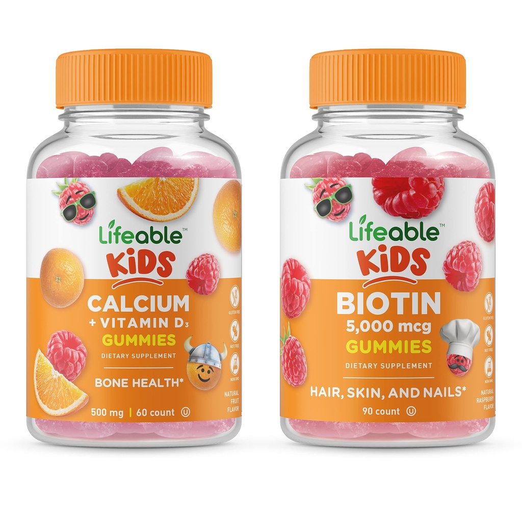 Lebensfähige Biotin Kinder + Kalzium mit Vitamin D Kinder, Gummis Bundle - Große Verkostung, Vitamin-Ergänzung, Glutenfrei, GVOfrei, Kaugummi