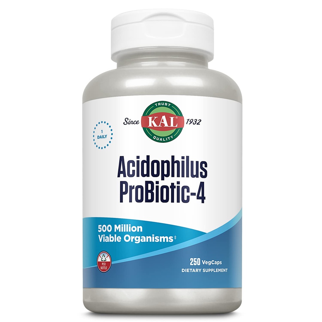 KAL Acidophilus ProBiotic-4, 500 Millionen CFUs, Four Probiotic Strains, Probiotics for Women and Men, Freeze Dried, L. acidophilus, L. bulgaricus, S. thermophilus, B. bifidum, 250 Servings, 250 VegCaps