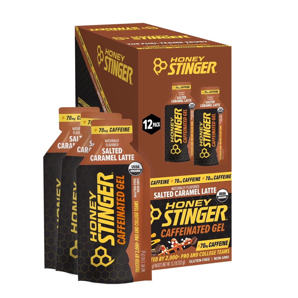 Gel d'énergie au caramel salé biologique au miel, sans caféine et sans gluten, pour l'exercice, la course et la performance, la nutrition sportive pour la maison et le gymnase, l'entraînement pré et moyen, 12 Pack, 13.2 Ounce