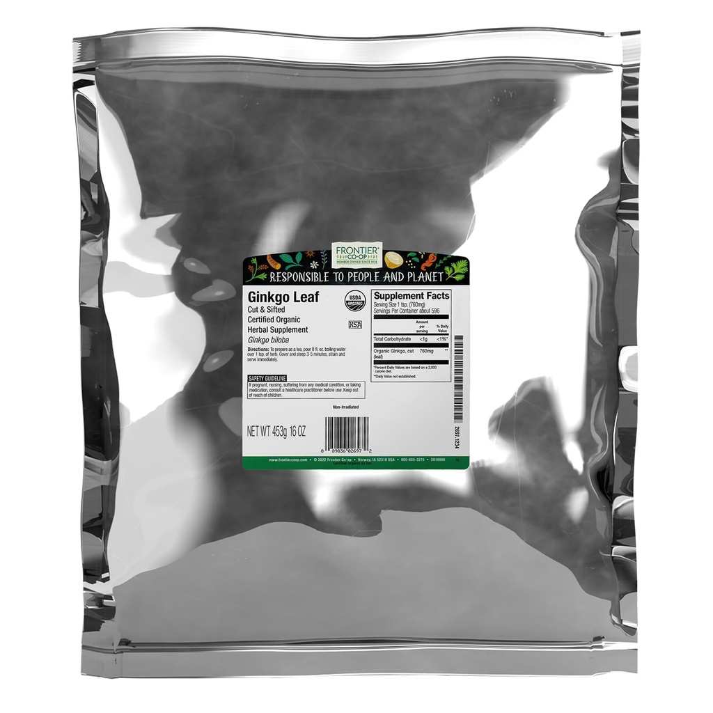 Frontier Co-op Feuille de ginkgo biologique, sac en vrac de 1 lb, coupé et tamisé