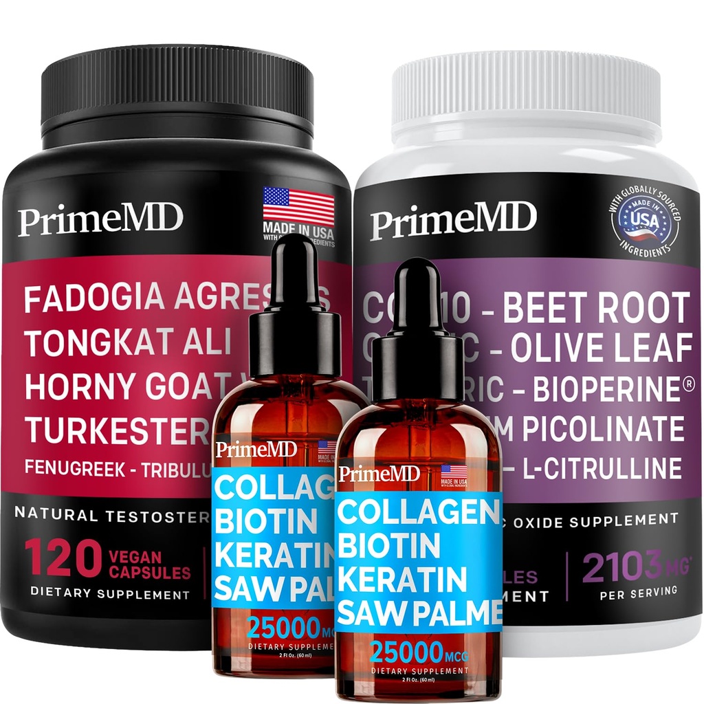 Liquid Collagen Biotin (2pk), Fadogia Tongkat Ali (1pk), und Nitric Oxide (1pk) Ergänzung Bundle - Potente Vitamine für Haar, Haut, Nägel, Herz, Energie, & Testosteron Unterstützung - Non-GMO, Vegan