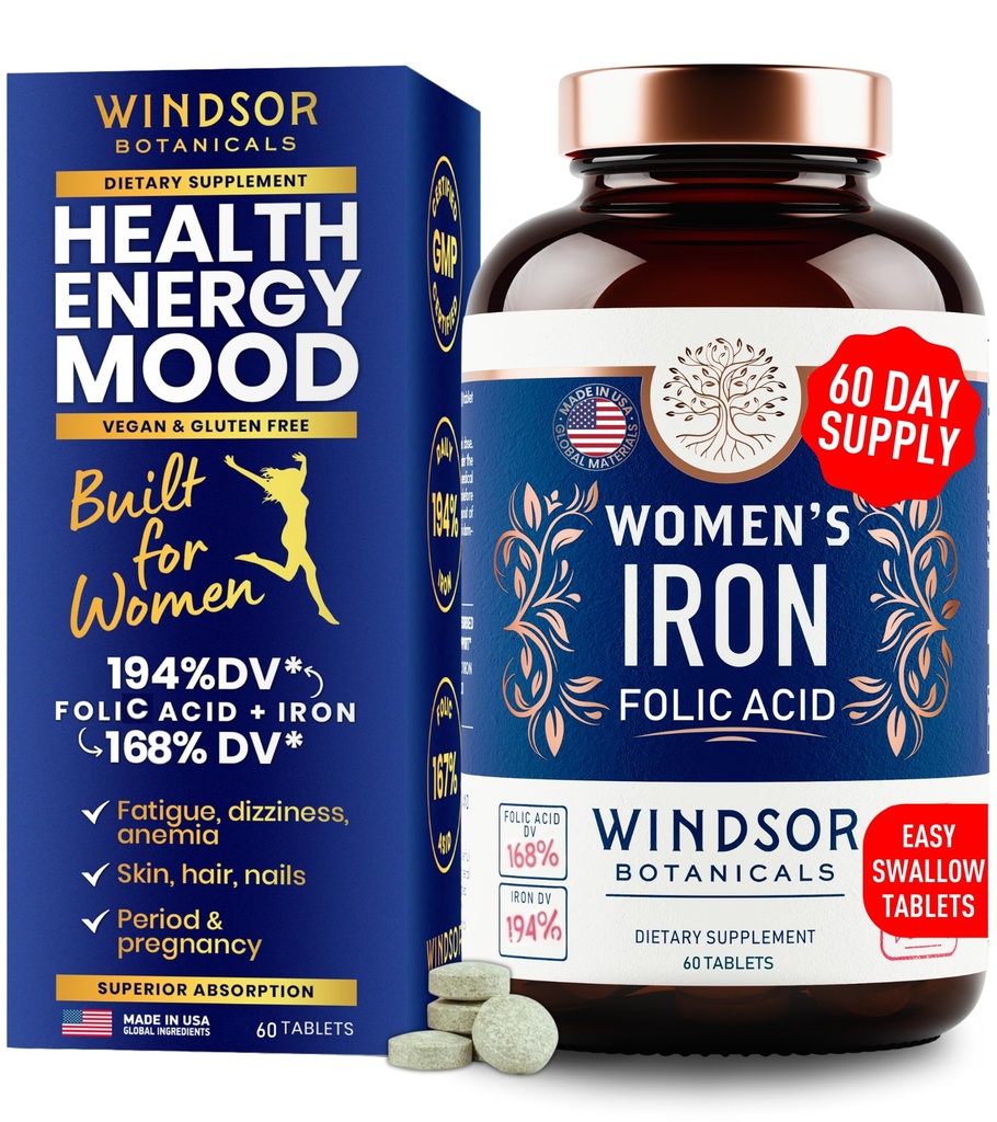 Eisen und Folsäure Ergänzungen für Frauen - 35mg Sanftes Eisen Vitamin, Folsäure 400mcg - Anämie, Zeitraum, Schwangerschaftsunterstützungsergänzung, Eisensulfat Pillen - 60 Vegan Non-Constipating Tabletten