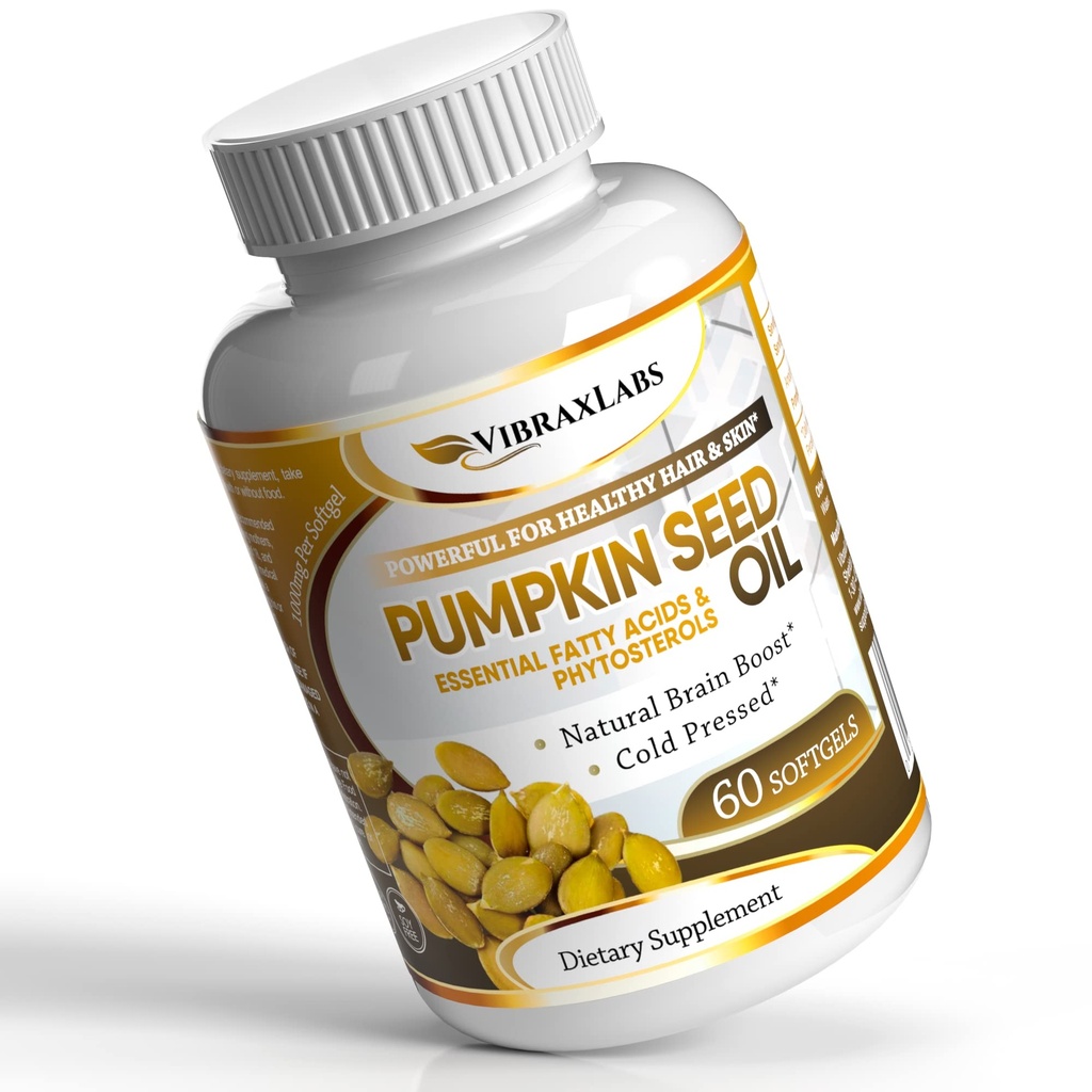 vibraxlabs Kürbis Seed Oil - 100% kalt gepresst reine 1000mg Extraktion - Beste für Haarwachstum, jünger aussehende Haut & Gesicht, Blasenkontrollergänzung, 60 Softgels