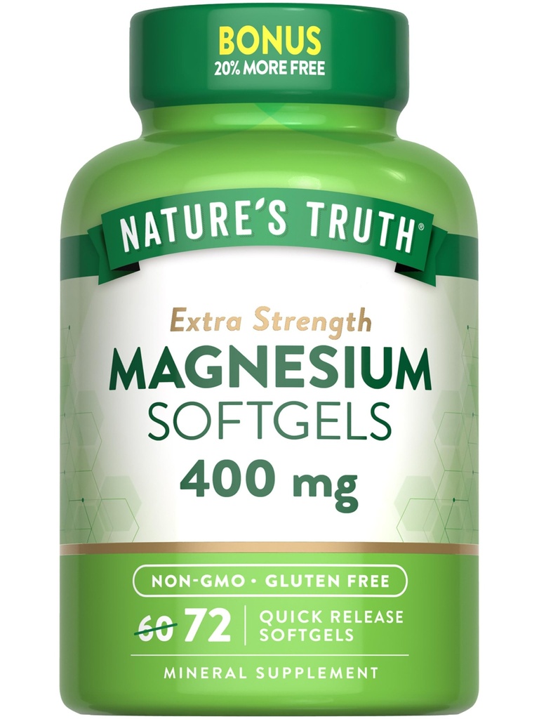La vérité de la nature Magnésium de 400mg de softgel 72 Softgels Taille de la valeur de l'Oxyde de magnésium Extra Strength de supplément sans OGM et sans gluten