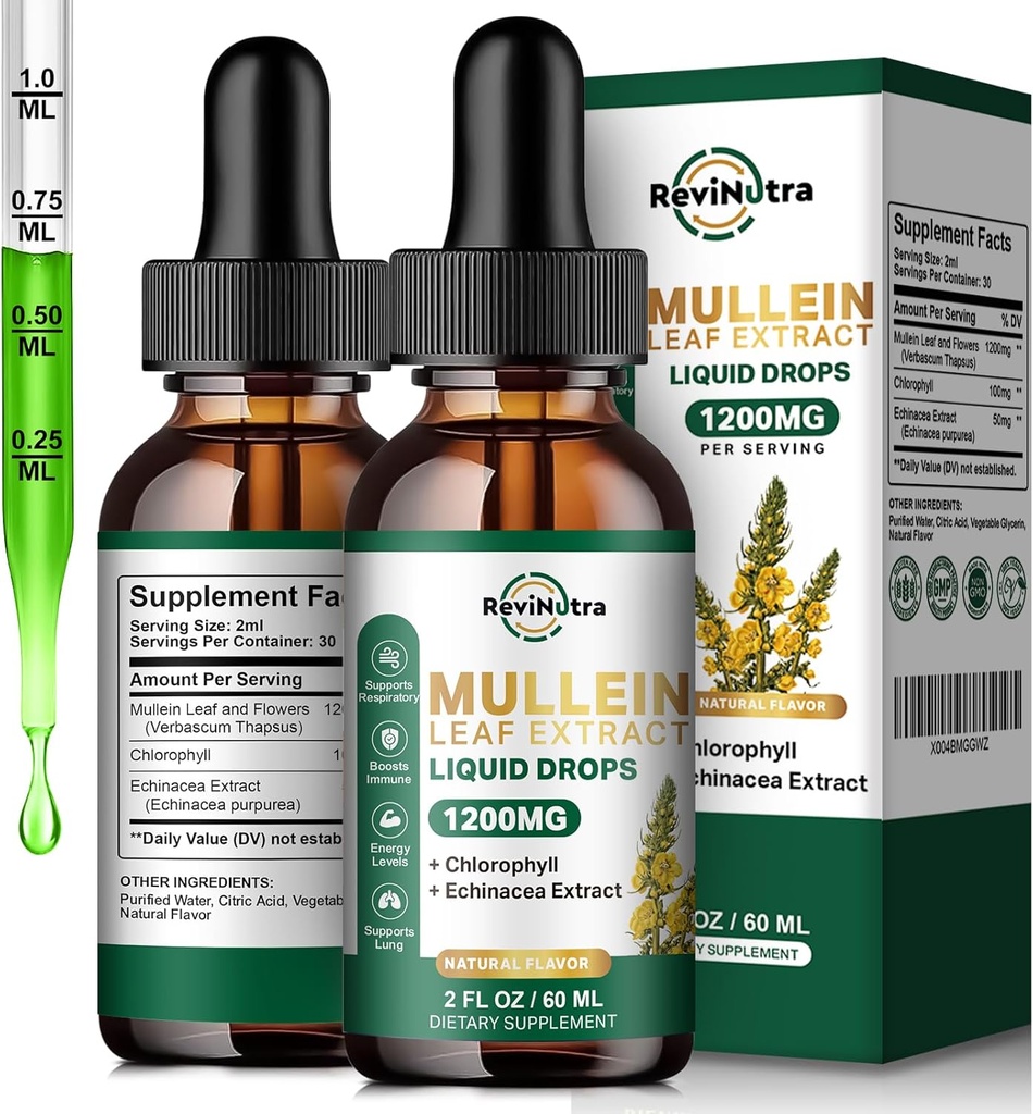 2 Pack Mullein Tropfen für Lunge, 1200mg Mullein Blatt Extrakt Flüssigkeitstropfen mit Chlorophyll für Lung Cleanse & Detox, Unterstützung für Atem, Immun, Verdauungssystem