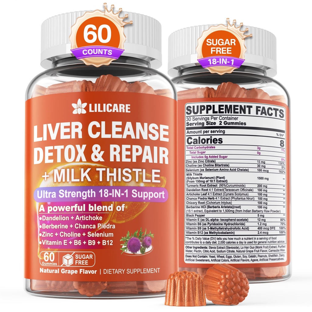 1Pack Thistle foie de détox Gummies, 18-en-1 foie nettoyer la détox et le supplément de réparation avec berbère, racine de chicorée, curcuma, artichaut, racine de dandelion, Piedra de Chanca, vitamines B6 B12 - sans sucre