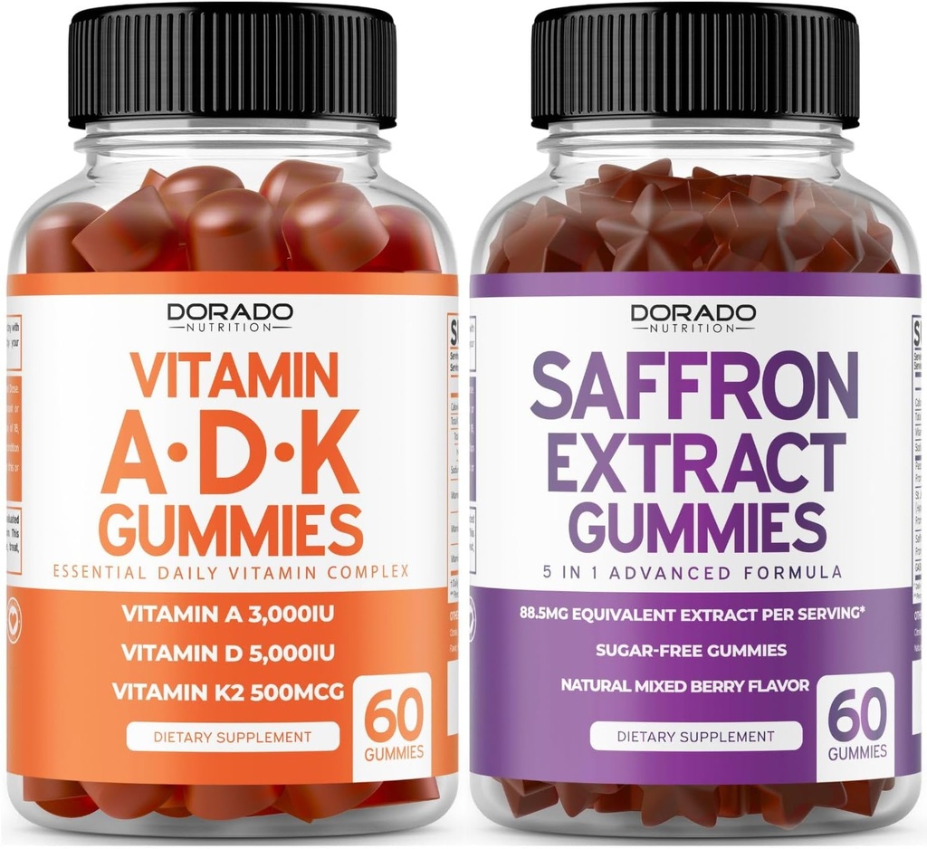 ADK Vitamin D3 K2 D (60 Gummi) K - 10 Vegan Supplement - Delicious Raspberry Flavor and Saffron (60 Gummi) Premium Sugar Free Supplements für Erwachsene - 5 in 1 Advanced Formula - Vegan & USA Made