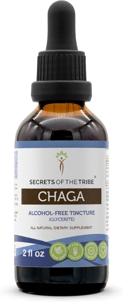 Secrets of the Tribe Chaga Tinkture Alcohol-Free Extract, hochkarätige Kräutertropfen, Tinktur aus Wildcrafted Chaga (Inonotus obliquus) Getrockneter Pilz 2 Unze