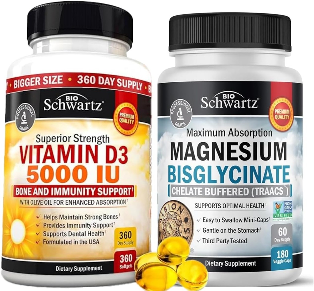 Hohe Stärke Vitamin D3 5000 IU 125 mcg (1 Jahr Versorgung) Plus Hohe Absorption Magnesium Bisglycinat Kapseln (2 Monate Versorgung)