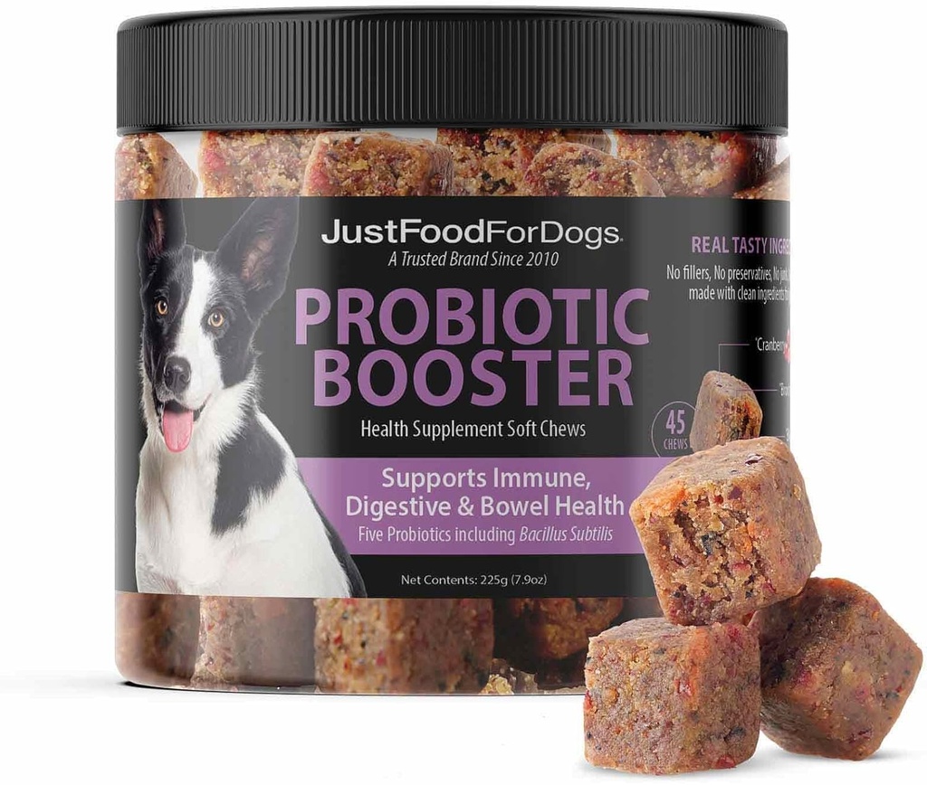 JustFoodForDogs Probiotic Booster Gut Health Soft Chews Ergänzung für Hunde, Verdauungsunterstützung, Durchfall, Human Grade Zutaten - 45 Count