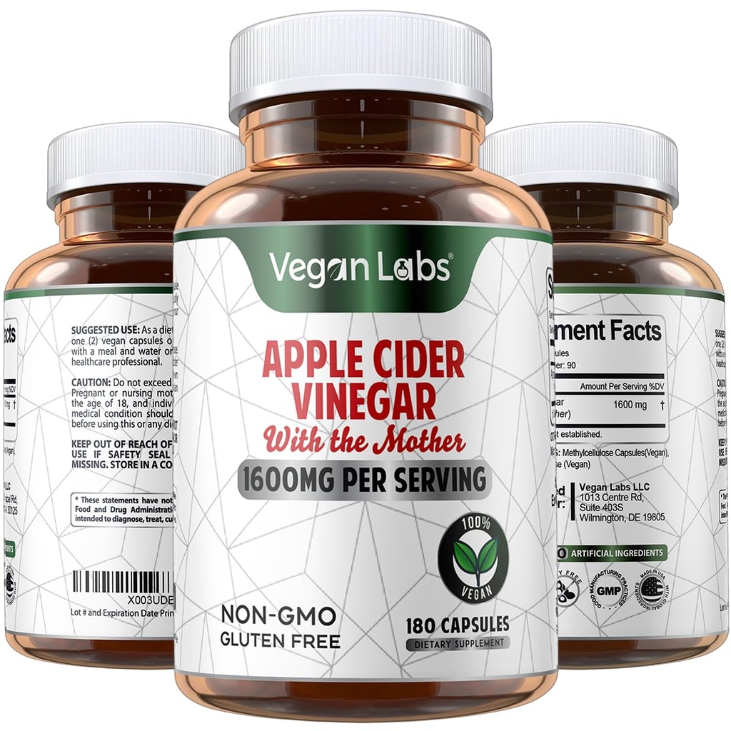 Vegan Labs Apfel Apfelessig Kapseln mit den Mutter- 180 Vegan Kapseln, 1600MG Per Servier- 100% natürliche ACV Pillen- Unterstützt gesunde Verdauung, Keto, Gewichtsverlust, Detox, und Immunsystem