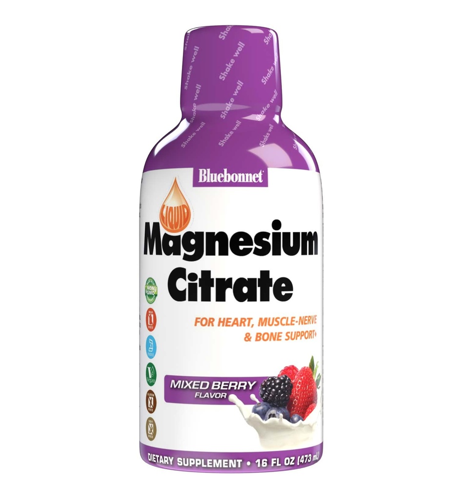 Bluebonnet Nutrition Citrate de magnésium 420 mg - L'esprit et le corps calme* – soutient le cœur, les muscles et le sommeil* - Non-OGM, végétalien, kosher, sans gluten, sans soja, sans lait - 16 FL OZ, saveur de baies mélangées