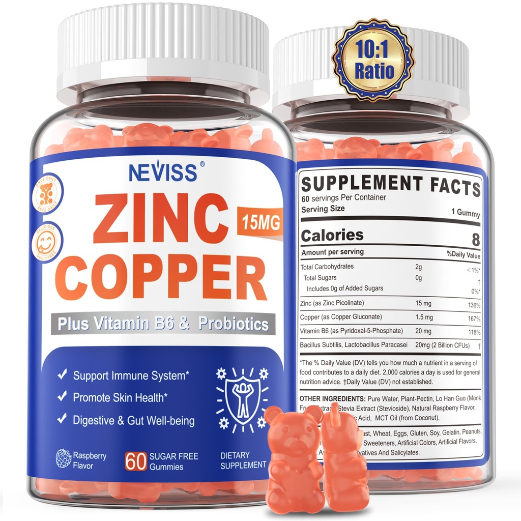 Gommies de zinc avec du cuivre + probiotiques, vitamine B6 pour l'absorption maximale, suppléments de zinc pour les hommes et les femmes, deux minéraux essentiels Formule d'équilibre pour l'immunité et la santé Gut, végétalien, non-OGM, 120 Cts