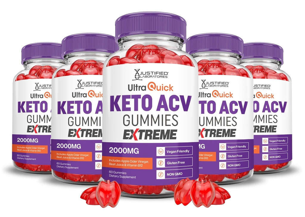 Justified Laboratories (5 Pack Ultra Quick Keto ACV Gummis Extreme 2000MG Ultraquick Keto Gummies Apfelessig geformt mit Granatapfelsaft Pulver B12 Vegan Non GMO 300 Gummys