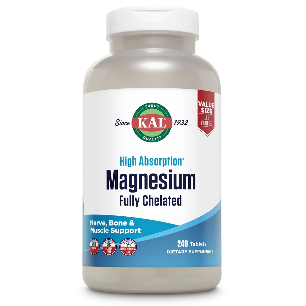 KAL Magnésium glycinate comprimés, entièrement chélaté, formule d'absorption élevée avec Magnésium bisglycinate chélate pour Nerve, Muscle & Bone Health Support, Vegan, Sans gluten, Taille de la valeur, 240 comprimés