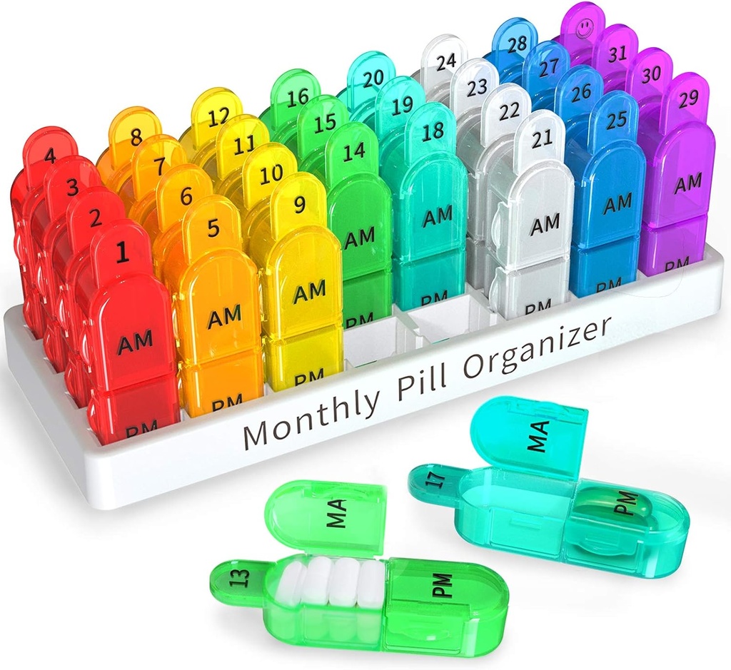 Zoksi Monthly Pill Organizer 2 fois par jour, 30 jours Pill Box Organizer Am Pm, Daily Pill Case avec 32 grands compartiments pour chaque jour, portable Pill Container for Vitamines and Medicine