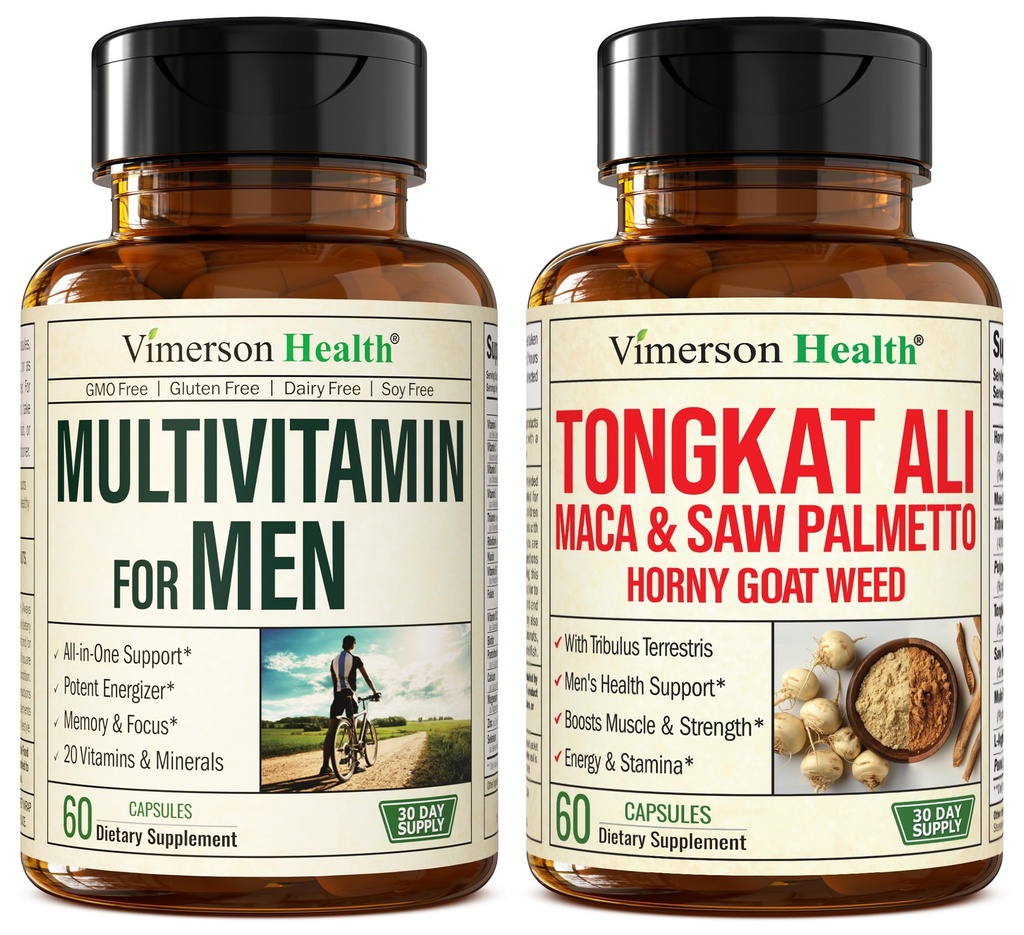 Multivitamine de santé de Vimerson pour les hommes et Tongkat Ali pour les hommes avec herbe de chèvre en chaleur, poudre de racine de maca, Tribulus Terrestris, extrait de palmier à scie