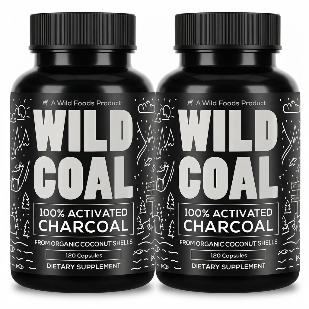 Wild Foods Activated Charcoal Capsules | 100% Organic Coconut Shells Active Tablets for Bloating Relief | Lab Tested & Non-GMO Detox Pills | USA (Zwei Flaschen - 120 Kapseln)