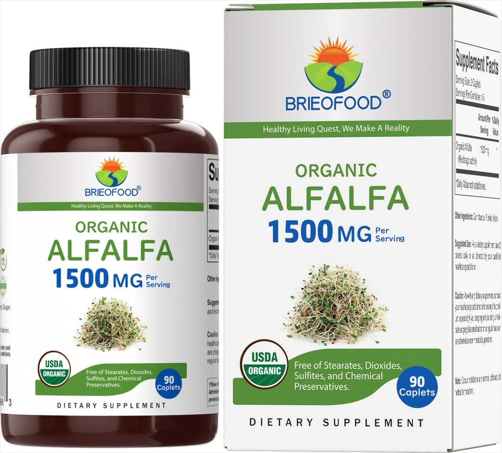 Brieofood Bio Alfalfa 1500mg, 45 Servierungen, Vegetarisch, Glutenfrei, 90 vegetarische Tabletten