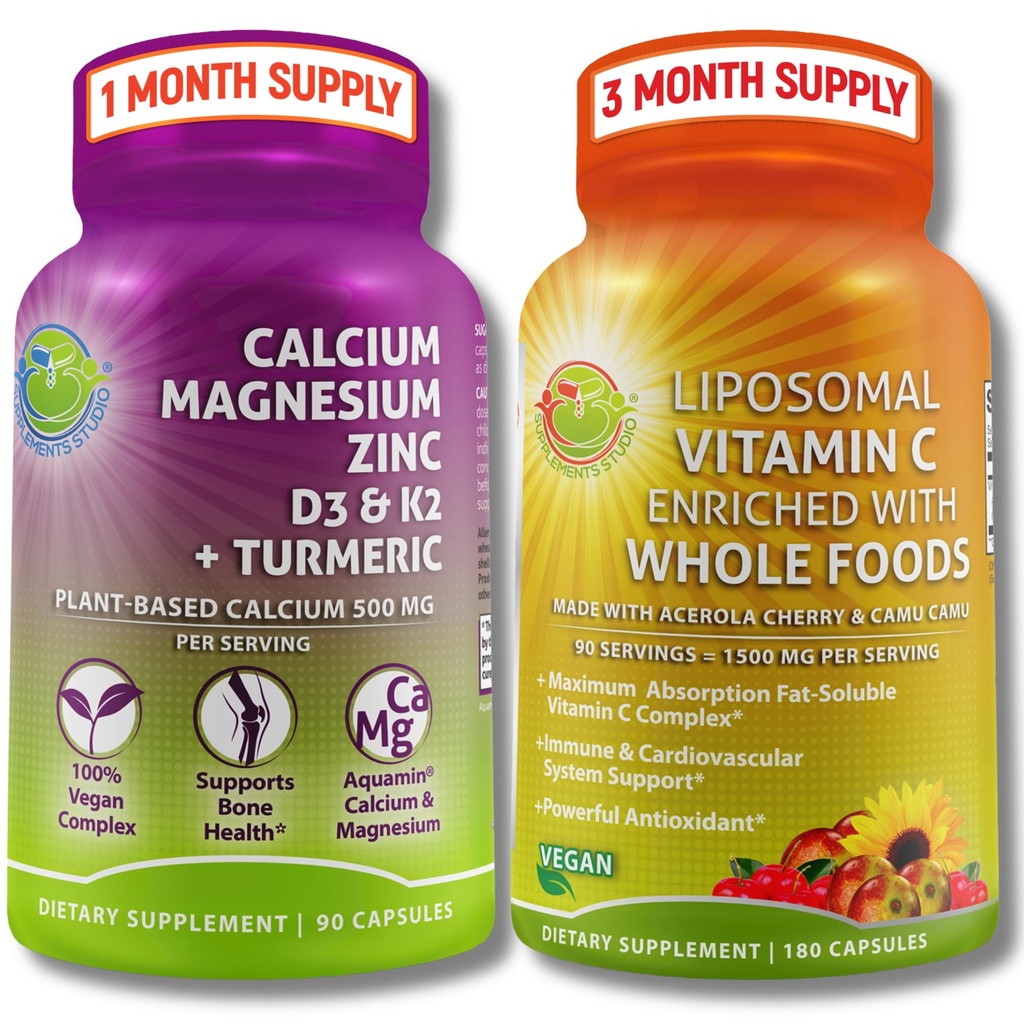 Pflanzenbasierte Knochen & Immununterstützung Ergänzung Bundle – Liposomale Vitamin C 1500mg mit Bio Acerola & Camu + Calcium Magnesium Zink mit Vitamin D3, K2 & Turmeric – Vegan, Non-GMO