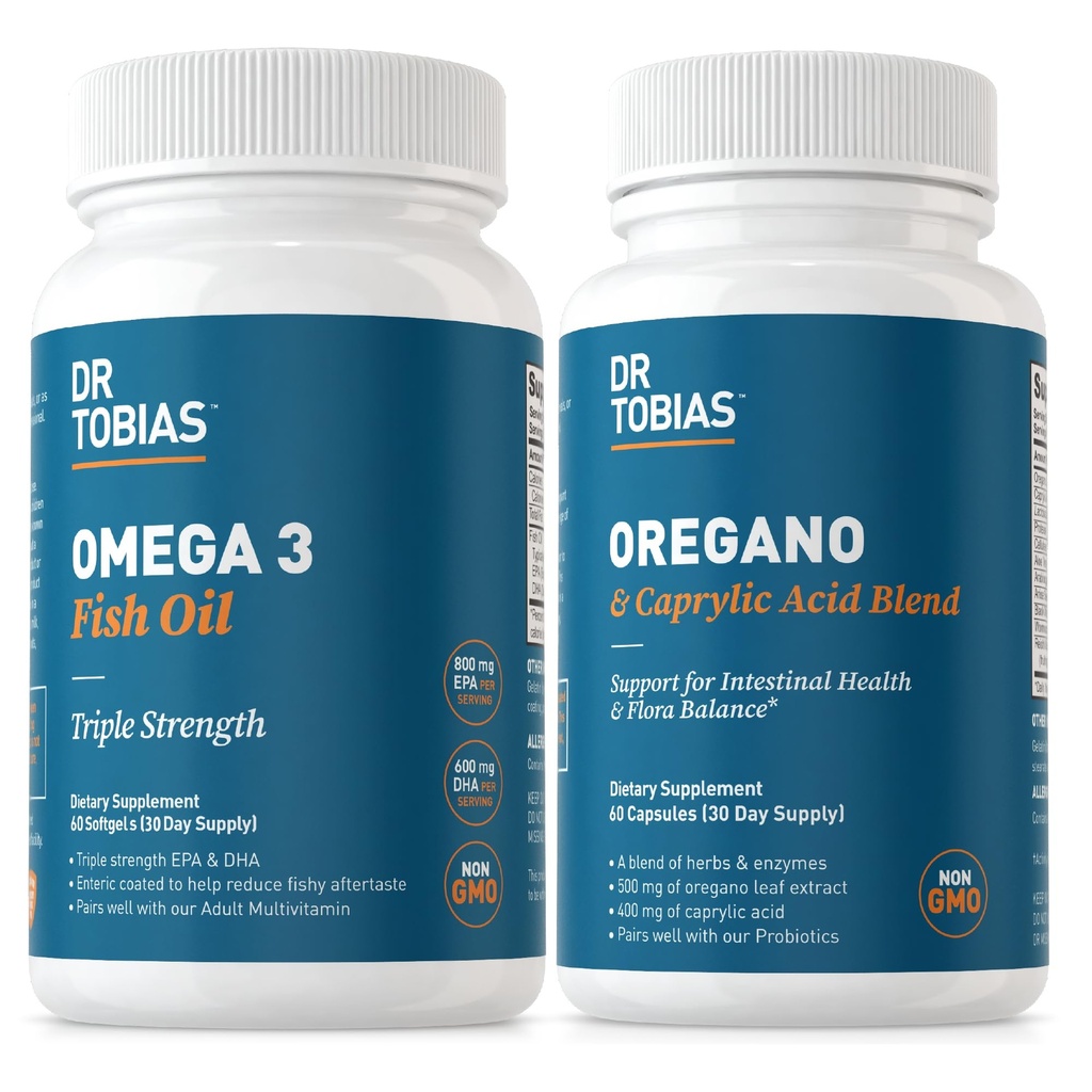 Dr Tobias Omega 3 Huile de poisson et suppléments d'acide origan et caprylique, soutient le coeur, le cerveau, l'immuno avec Gut Flora Balance complexe et la santé intestinale pour les femmes et les hommes
